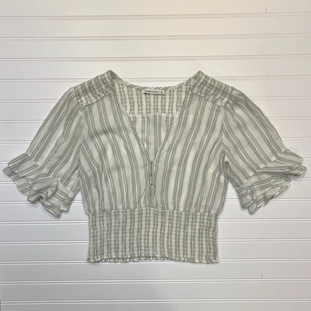 Abercrombie & Fitch White & Green Striped Half Sleeve‎ Ruffled Cropped Blouse S